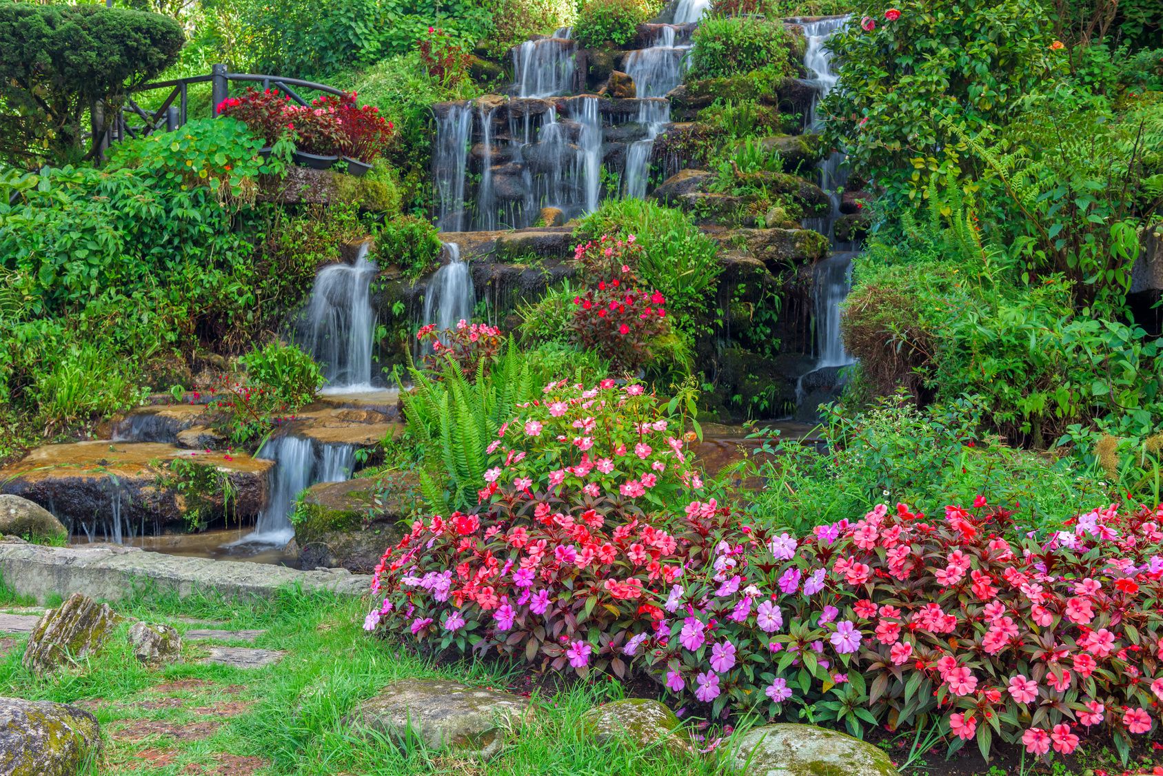 Garden waterfall surrounded by flowers